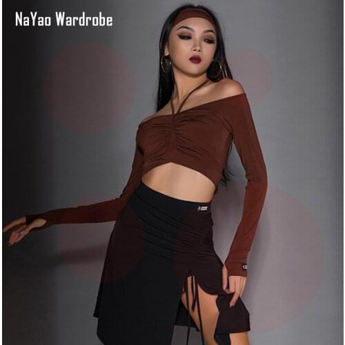 2021 New A1180 Women Latin Dance T Shirt Bare Shoulder Wrinkle Latin Dancing Tops for Samba Tango Chacha Belly Performamnce