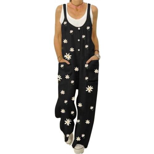 40%HOT Women Stylish Buttons Sleeveless Marguerite Print Pockets Jumpsuit Bib Overall