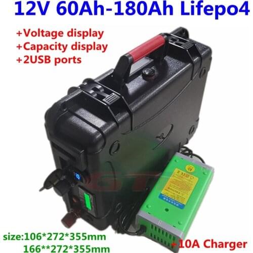 Waterproof 12V 60Ah 80Ah 100Ah 120Ah 130Ah 150Ah 180Ah Lifepo4 Battery with BMS for Trolling Motor Solar System+10A Charger