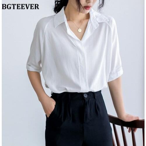 BGTEEVER White V Neck Plain Tops Women Workwear Modern Lady Pullovers Long Sleeve Blouse Female 2020 New Summer OL Shirts Femme