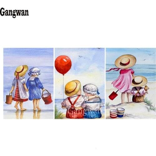 Girl Child on beach play diamond painting embroidery Needlework cross stitch Square Resin Rhinestones 3 pcs set christmas decor