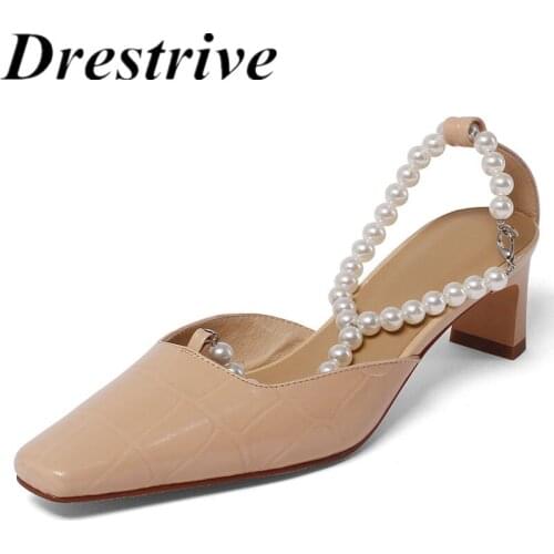 Drestrive Fashion Women Sandals Beaded Pointed Toe Full Genuine Leather 2021 Summer Thick High Heel Shoes Dress Stone Pattern
