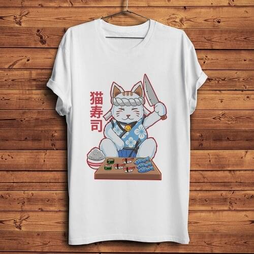 Japan style neko cat sushi chef t-shirt homme summer short sleeve t shirt men white vintage casual tshirt unisex streetwear