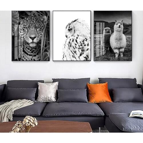 Canvas Painting Pictures for Living Room Home Decor Jaguar Cow Cute Alpaca Animal Poster and Prints Black White Wall Art Nursery