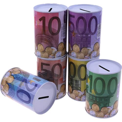 1PCs Creative Tinplate Cylinder Piggy Bank Euro Dollar Picture Box Household Saving Money Box Home Decoration Money Boxes