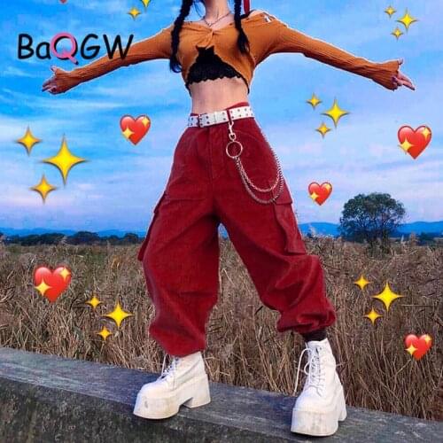 BaQGW Autumn Winter Solid Casual Warm Pants Ladies Elegant Corduroy Harem Pants Female Loose High Waist Leggings with Chain