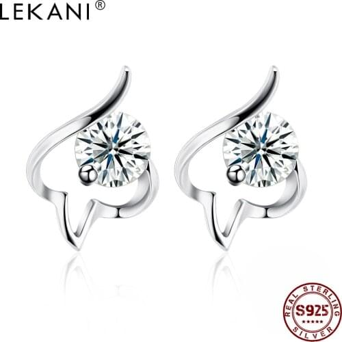 LEKANI 925 Sterling Silver Stud Earrings For Women Clear Cubic Zirconia Geometric Streamline Girl Earring Simple Fine Jewelry