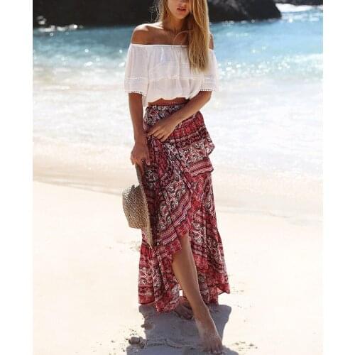 Summer Women Boho Floral Long Maxi Skirts Empire Beach Holiday Ruffles Skirt S-XL