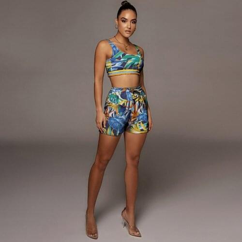 Summer Tracksuit Leaves Print Two Piece Sets Activewear Sleeveless Tank Crop Top and High Waist Biker Short Beachwear Outfits