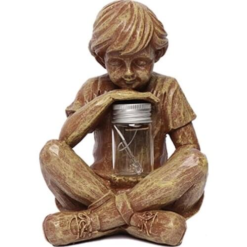 Carved Resin Statue with LED Light Glimpses of God Boy Fireflies in Jar Sculpture Outdoor Garden Figurine Deccoration