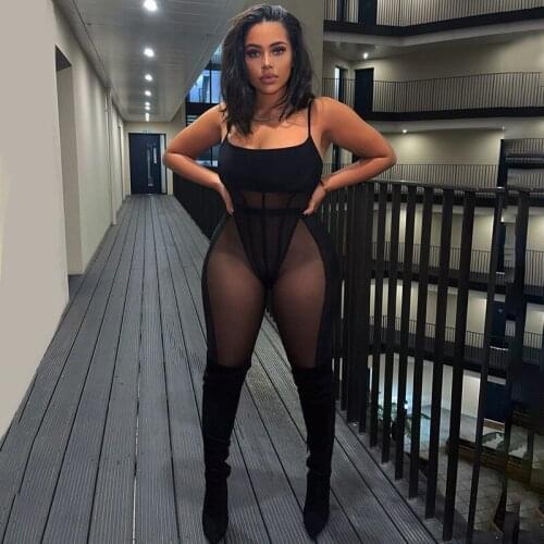 Sexy Black Sheer Mesh See Through Two Piece Set Women Spaghetti Strap Bodysuit Top + Pencil Pants Club Party 2 Piece Set Outfits