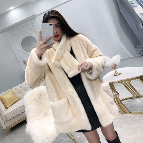 Real Mink Fur Women Regular Length Coat with Scarf Collar Winter Thick Slim Warm Denmark Female Mink Fur Long Jacket