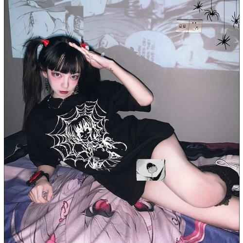Harajuku Vintage Casual Loose Punk Cute Girl Tops Japanese Chic Grunge Graphic Spider Girl Anime Cartoon Goth Y2K Cotton T-shirt