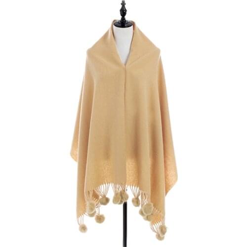 Top Grade New Camel Womens 100% Wool Rabbit Fur Balls Pashmina With Fine Tassel Thick Long Shawl Scarf Warm 112805