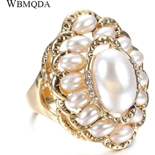 Wbmqda Hot Vintage Pearl Ring Jewelry 2021 Fashion Gold Color Crystal CZ Big Rings For Women Ethnic Bridal Wedding Jewelry