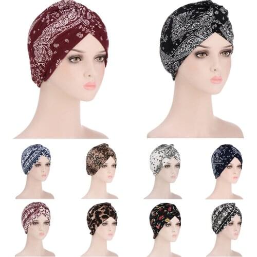 Women Muslim Hijab Turban Folding Cross Knotted Print Hair Loss Scarf Elastic Head Wrap Headwear Bandanas Lady Hair Hats Beanie