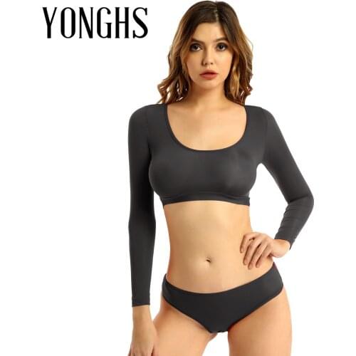 Womens Erotic Lingerie Suit Two-piece Open Crotch Underwear Scoop Neck Long Sleeve Crop Top with Crotchless Briefs Nightwear