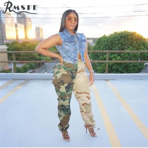 RMSFE 2021 European And American Womens Zipper Button Cute Camouflage Large Pocket Casual Pants