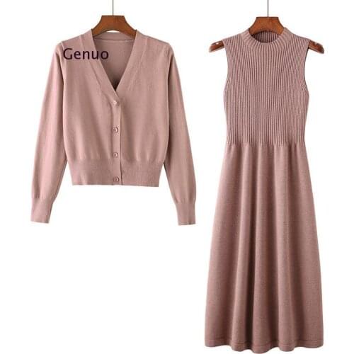 2020 New Women Sweater Dress Two-Piece Set Loose Soft Knitted Cardigan + Solid Color Fashion Elegant Femme Dresses Suit