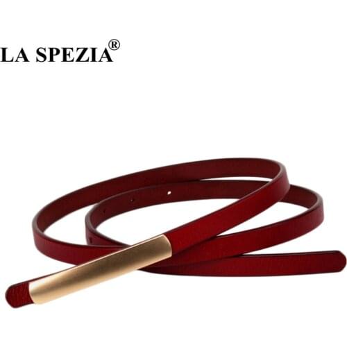 LA SPEZIA Women Waist Belt Thin Smooth Buckle Leather Belt Female Solid Red Leather Cowhide Narrow Fashion Brand Belts Dresses