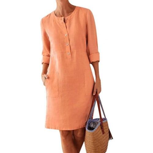 2021 Women Dress Solid Color Pockets Summer Round Neck Long Sleeve Buttons Dress Beach Cover Up With Pockets for Dating Wear