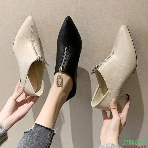 2020 Spring Women Dress Shoes Zipper High Heels Bare boots Pointed toe Office Shoes Woman Pumps Botas Mujer Thin Heels 8009C