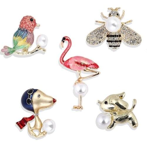 5pcs/set Flamingo Pins Metal Lapel Brooches Charming Kawaii Dog Bird Animal Shape Badges Clothing Decor Women Jewelry Gift