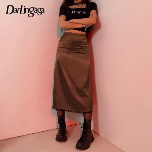 Darlingaga Harajuku Y2K Satin Lace Trim Long Skirt Female Fashion Elegant Brown High Waist Skirt Vintage Clothes Summer Skirts