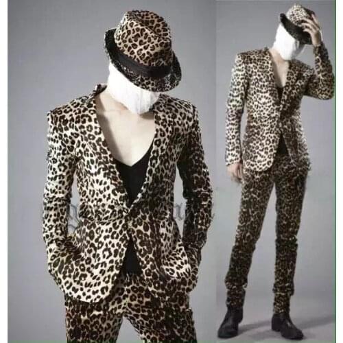 Free ship 100%real mens leopard suit jacket with pants /event/stage performance/dance/sing/stuido suit