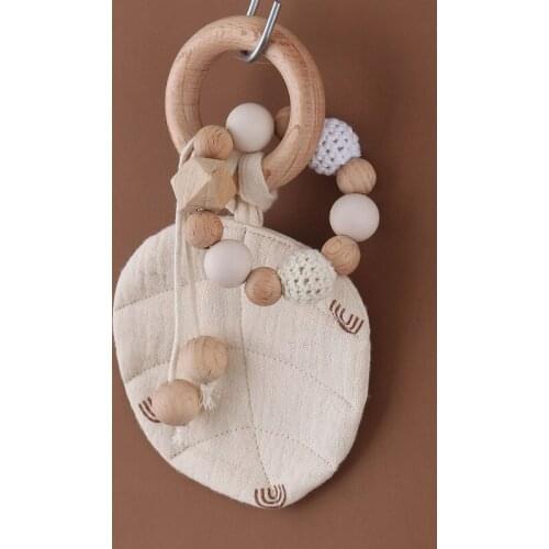 Baby Wooden Teether Ring with Leaves Shape Absorbent Cloth Towel Blanket Rattle Beads Molar Toy Nursing Soother Newborn Infant