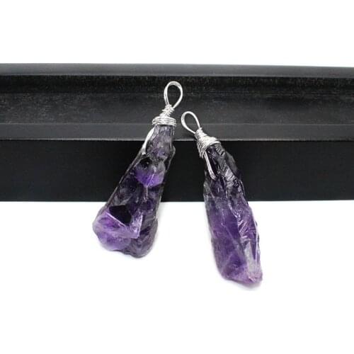 Wire Wrapped Genuine Purple Stone Irregular Shape Long Pendant Necklace Silvertone Wired With PU Cord Chain 18"