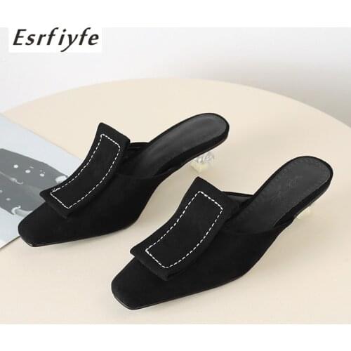 ESRFIYFE 2019 New Large Size 34-48 Women Slippers Sexy High Heel Pointed Toe Shoes Women Fashion Flock Summer Shoes Muller Shoes