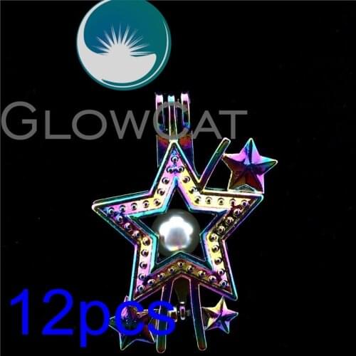 GLOWCAT 12x R-C610 Rainbow Colors Star Pearl Cage Jewelry Making Essential Oil Diffuser Aroma Bead Cage Locket Pendant
