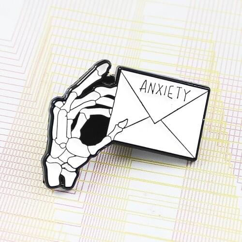 White ANXIETY Envelope Skeleton With Envelope In Hand Gothic Brooches Enamel Lapel Pin Shirt Badge Friend Gift Accessories