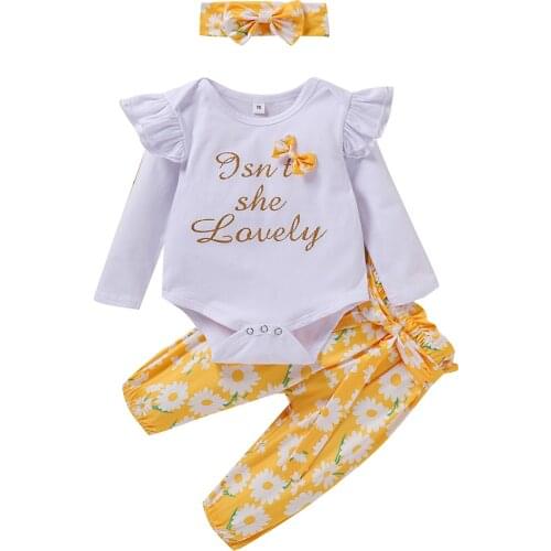 Baby Girls Letter Print Clothing Set Romper Pants Headband 3Pcs Casual Outfits Spring Autumn Kids Long Sleeve Jumpsuit Set