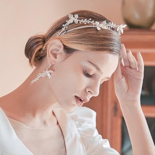 Silver Colour leaf crystal Pearl Chain Crown, Freshwater Pearl Chain Earrings ,Women Bride Accessories Headband Head Jewelry