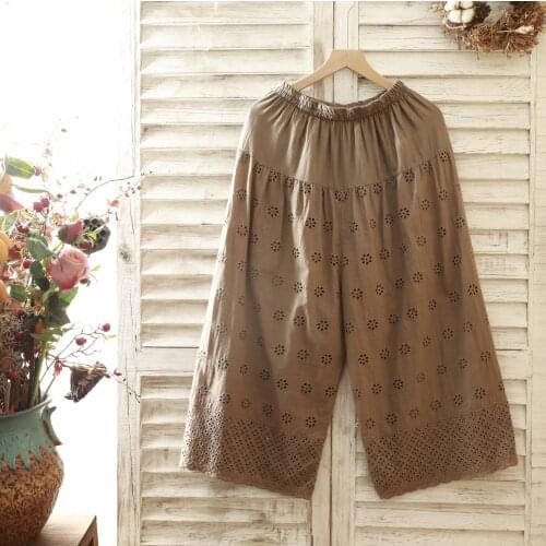 5 Ccolors-- 2021 Summer Circle Flowers Hollow Out Embroidery Cotton Wide Leg Pants Mori Girl Japanese Style