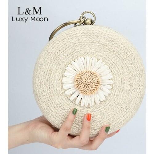 Small Round Evening Bag For Women Summer Floral Designer Bag Straw Beach Shoulder Bag Elegant Female Purse And Handbag X449H