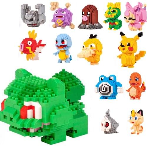 LNO Pokemon Micro Brick Charmander Poliwhirl Bulbasaur Meowth Magikarp DIY Mini Building Blocks Pikachu Figures Toys For Kids