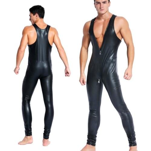 Men Sexy Wetlook Leather Latex Catsuit Bodysuit Hot Erotic Zentai Gay Fetish Wear Pvc Costume 2 Way Zipper Open Crotch Clubwear