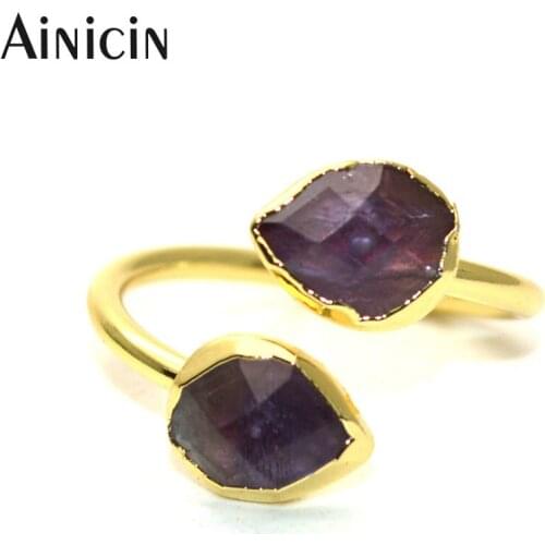 Natural Smei-precious Stone Double Snake Head Open Rings Faceted Purple Amethyst Brown Tiger Eyes Gold Palting Women Jewlery