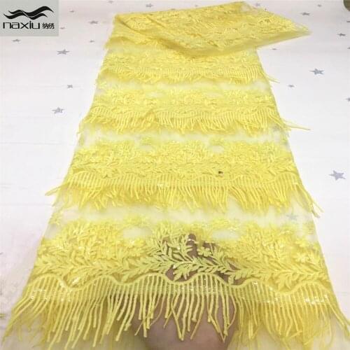 Madison New 2021 African Lace Fabric Yellow Nigeria Net Laces Fabrics for Bridal Materials French Mesh Lace with Sequins