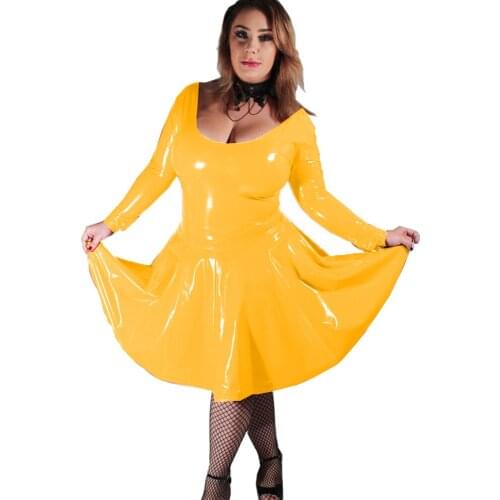 2021 Autumn Plus Size Faux Leather Dress Women Long Sleeve low O-Neck A-line Dress Casual Mini Dress Female Clothing pvc dress
