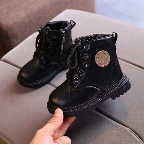 Autumn/Winter Children Boots Boys Girls Leather Martin Boots Plush Fashion Waterproof Non-slip Warm Kids Boots Shoes 21-30