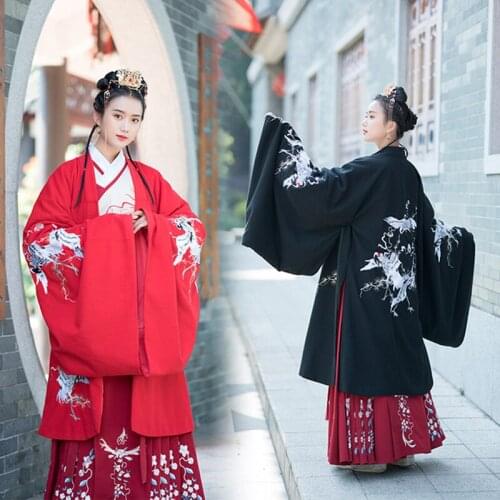 Red/Black Hanfu Coat Chinese Traditional Embroidered Wide-Sleeve Cloak Han/Tang/Song/Ming Dynasty Ancient Fairy Clothes VO415