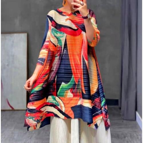 HOT SELLING Miyake fold Geometric print o-neck three quarter A-Line dress IN STOCK