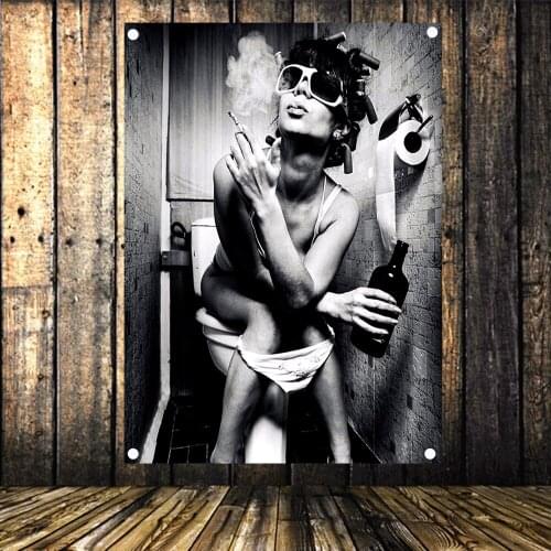 Sexy Smoking Bad Girl In Tthe Toilet Wall Art Canvas Painting Flag Banner Tapestry Wall Hanging Mural Bar Cafe Room Decoration E