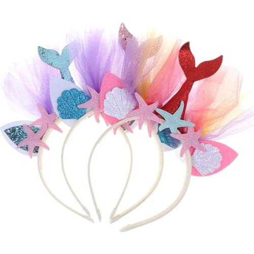Rainbow Mermaid Headband Princess Mesh Yarn Shell Flower Animal Hairbands Hoop Children Party Hair Accessories