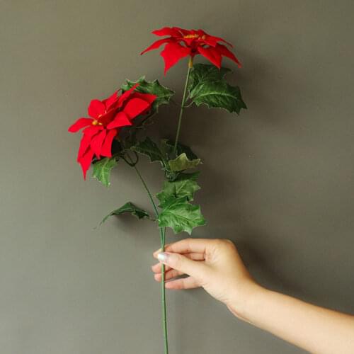2 Heads Christmas Fake Flower For Christmas Home Decoration Plastic Fake Flowers Simulation Green Leaves Branch DIY Wedding