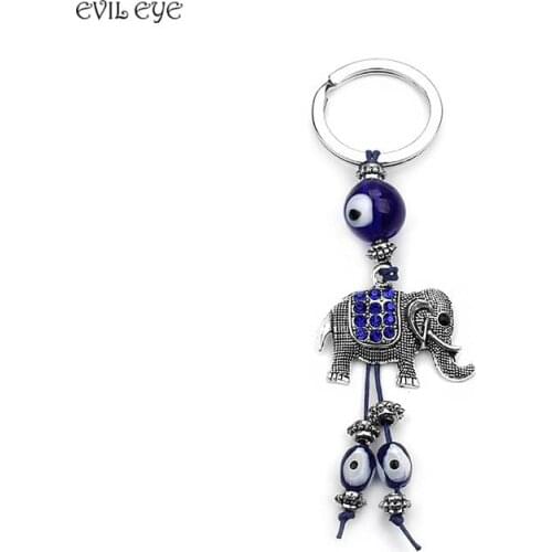 Evil eye new Fashion Lucky Elephant car keychain pendant for men Blue Crystal Pendent Keyring Evil Eye Bead Jewelry Keychain